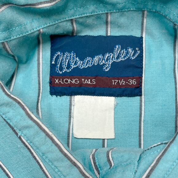 Wrangler X Long Tails Vintage Pearl Snap Shirt Striped Blue Men's 17 1/2-36 80s - Picture 2 of 7